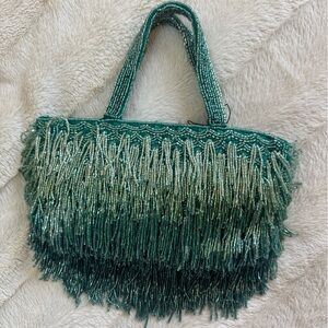 Elegant Green Beaded Fringe Tote